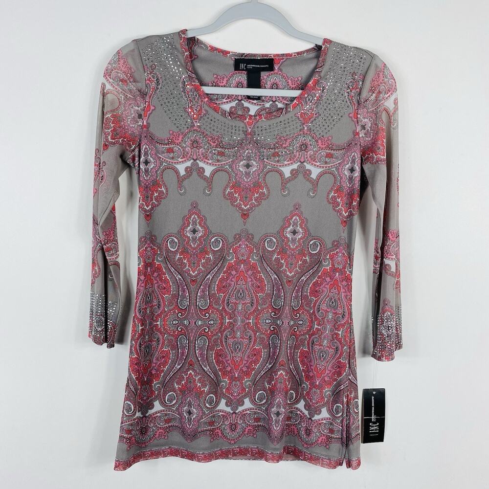 INC International Concepts Top XS Petite P Paisley Embellished Long Sleeve